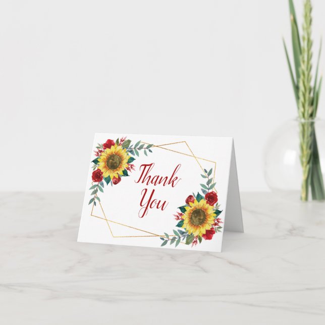 Sunflower Red Floral Geometric Wedding Thank You Card (Front)