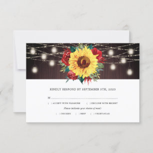 Sunflower Red Floral Jar Lights Wood Wedding Meal RSVP Card