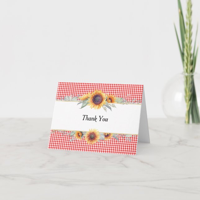 Sunflower Red Gingham Folded Thank You Card (Front)