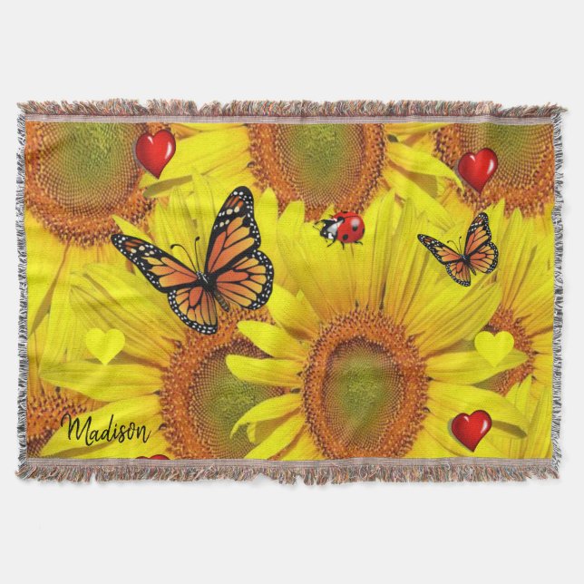 Sunflower Red Hearts Butterfly Throw Blanket (Front)