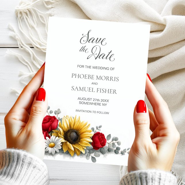 Sunflower Red Rose Floral Wedding Save the Date (Créateur téléchargé)