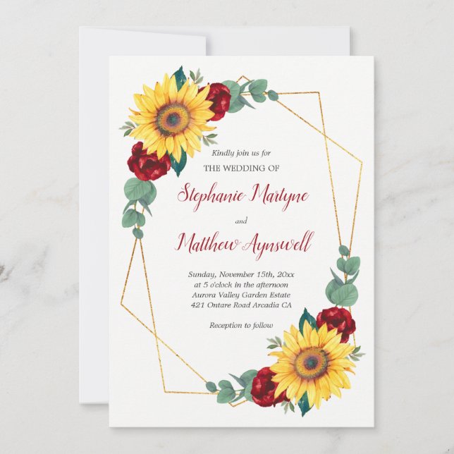 Sunflower Red Rose Geometric Floral Wedding Invitation (Front)