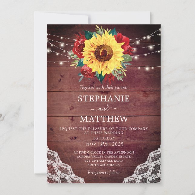 Sunflower Red Rose Lace Wood Fall Wedding Invitation (Front)
