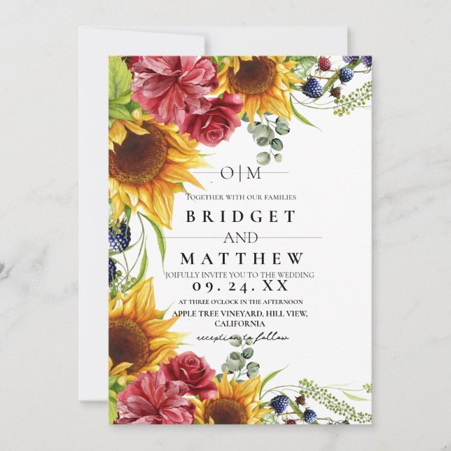  Sunflower Red Rose Watercolor Wedding Invitation (Front)