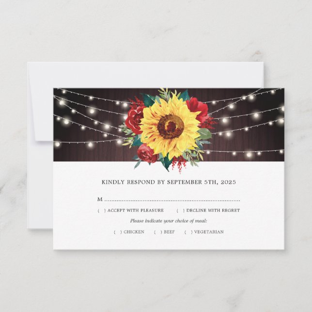 Sunflower Red Roses Lights Wood Wedding Meal RSVP Card (Front)