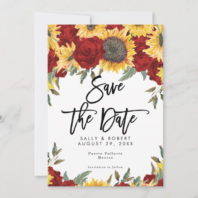 sunflower red roses wedding save the date card (Front)