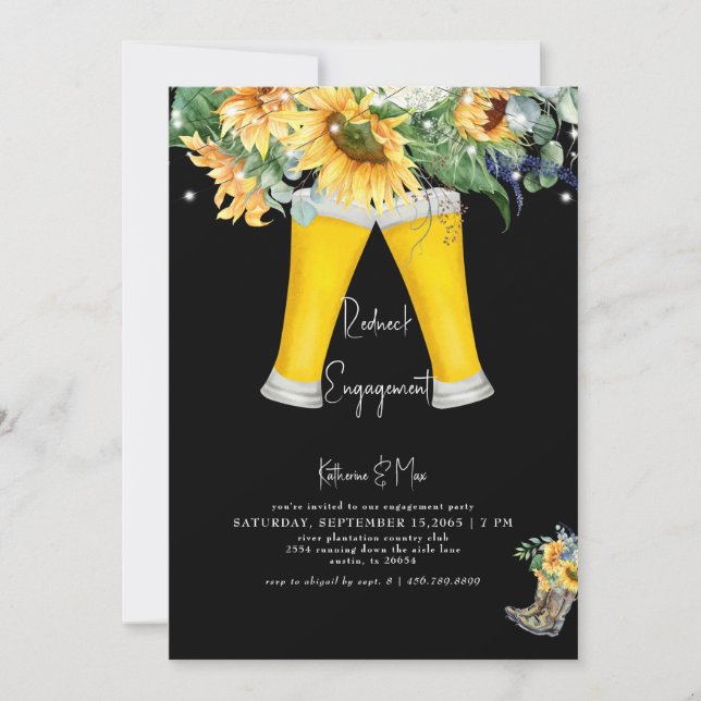 Sunflower Redneck Boots Black Engagement Party Invitation (Front)