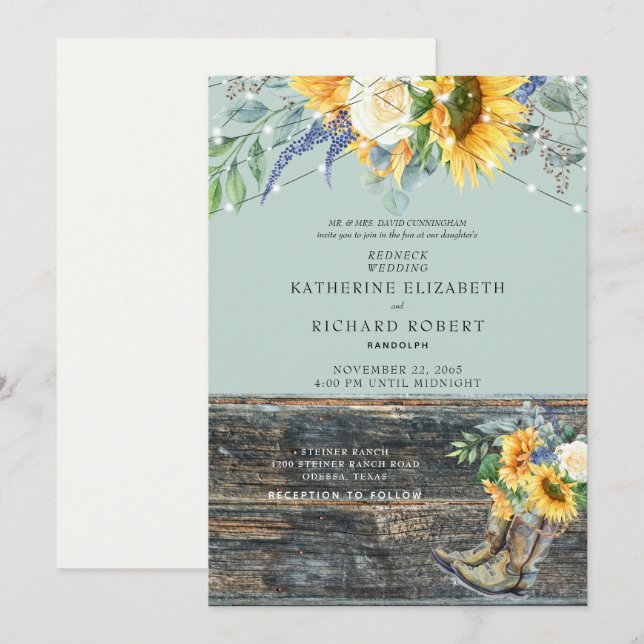 Sunflower Redneck Boots Lumières Invitation (Devant / Derrière)