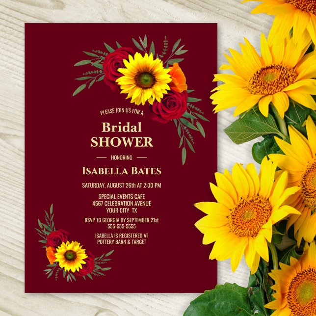 Sunflower Rose Burgundy Bridal Shower Invitation (Creator Uploaded)