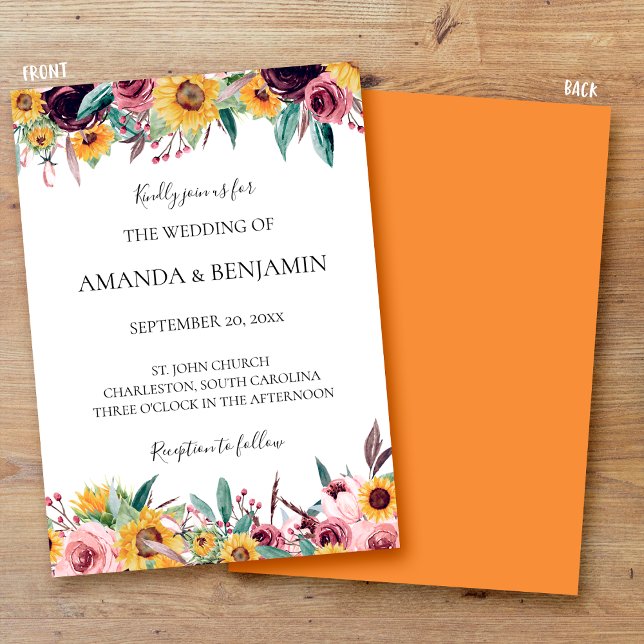 Sunflower Rose Burgundy Rustic Fall Floral Wedding Invitation (Creator Uploaded)