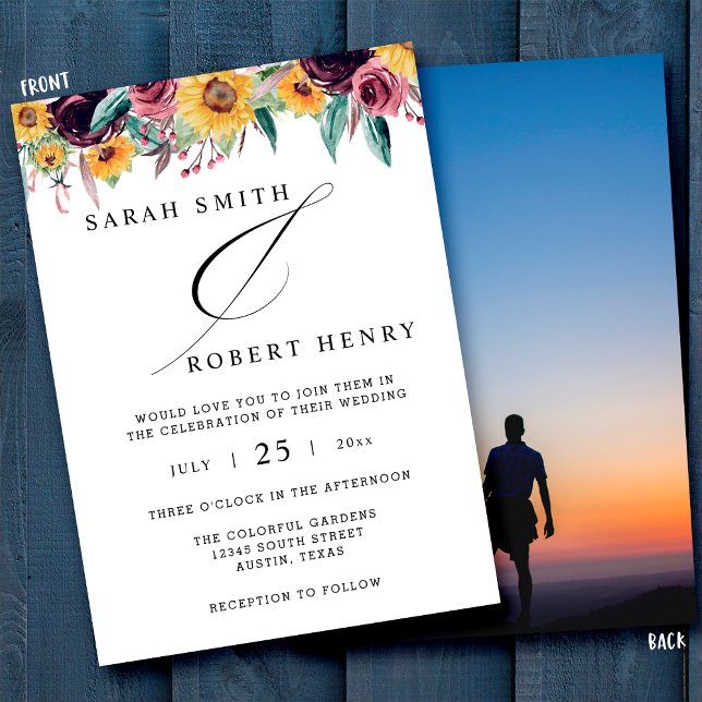 Sunflower Rose Burgundy Rustic Fall Photo Wedding Invitation (Creator Uploaded)