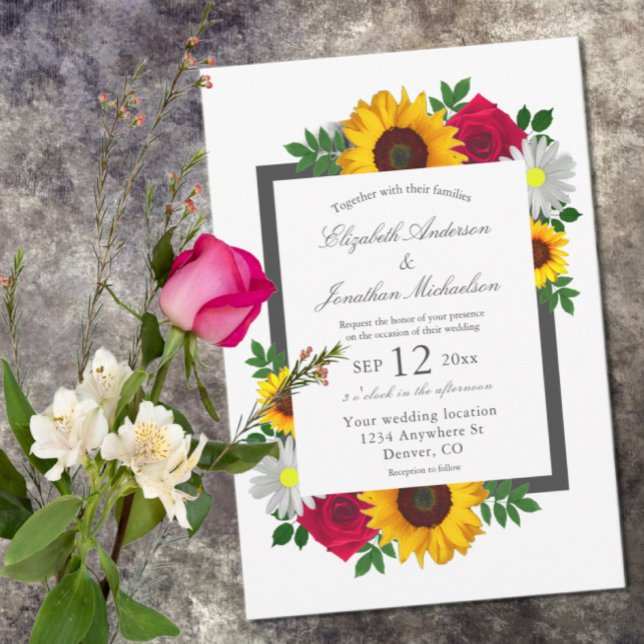 Sunflower Rose Daisy Autumn Floral Wedding Invitation (Creator Uploaded)