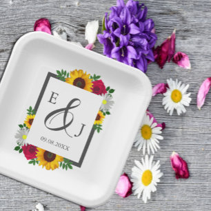 Sunflower Rose Daisy Autumn Floral Wedding Paper Plate