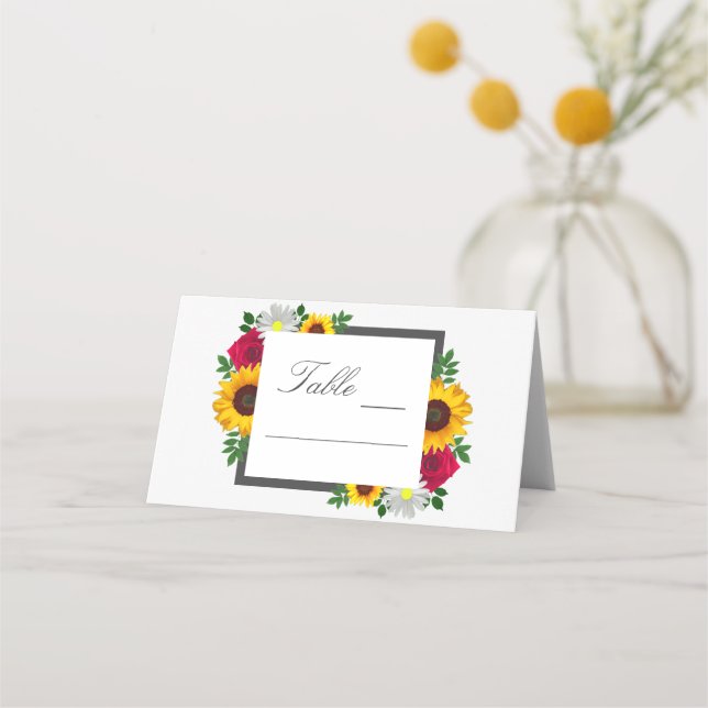 Sunflower Rose Daisy Autumn Floral Wedding Place Card (Front)