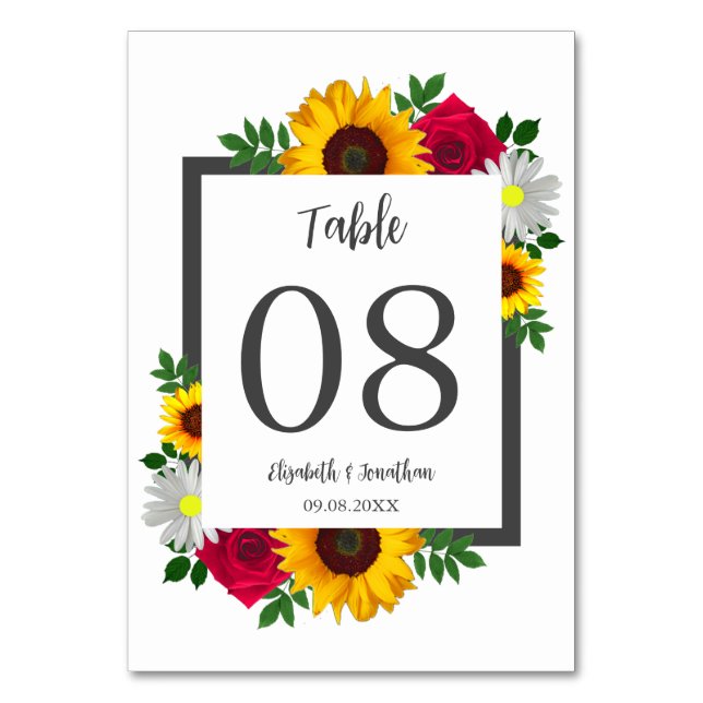 Sunflower Rose Daisy Autumn Floral Wedding Table Number (Front)