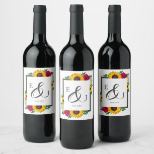 Sunflower Rose Daisy Autumn Floral Wedding Wine Label