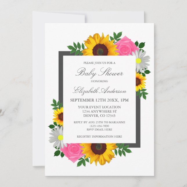 Sunflower Rose Daisy Floral Baby Shower Invitation (Front)