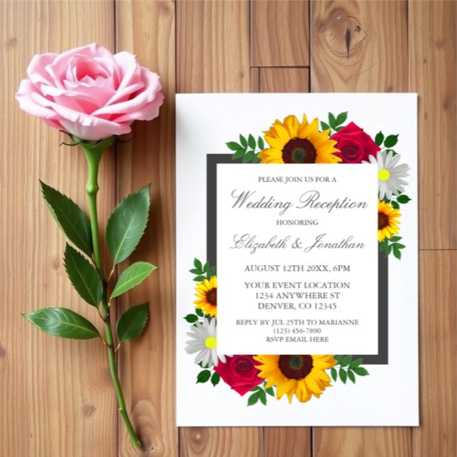 Sunflower Rose Daisy Floral Wedding Reception Invitation (Creator Uploaded)