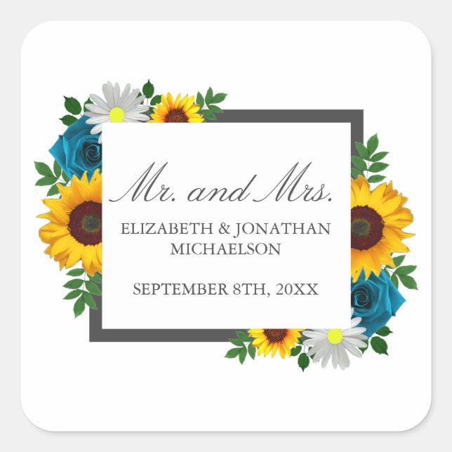 Sunflower Rose Daisy Floral Wedding Square Sticker (Front)