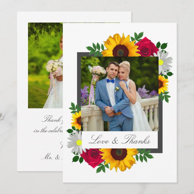 Sunflower Rose Daisy Floral Wedding Thank You Card (Front/Back)
