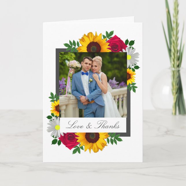 Sunflower Rose Daisy Floral Wedding Thank You Card (Front)