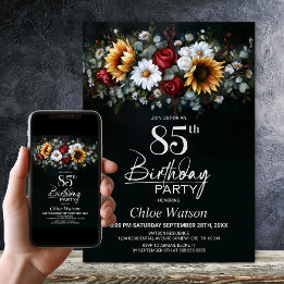 Sunflower Rose Floral Black 85th Birthday Party Invitation