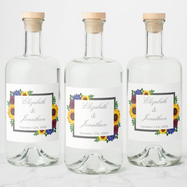 Sunflower Rose Floral Wedding Liquor Bottle Label (Bottles)