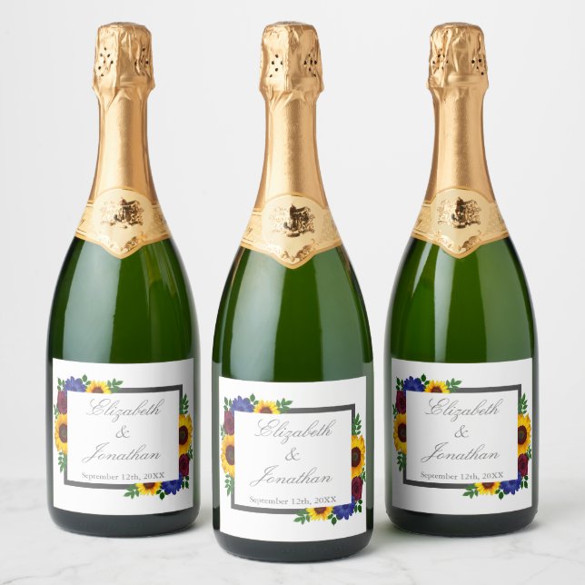 Sunflower Rose Floral Wedding Sparkling Wine Label (Bottles)