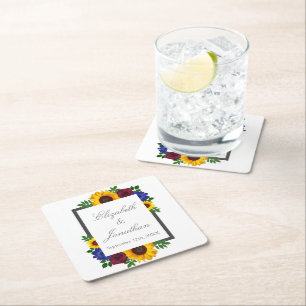 Sunflower Rose Floral Wedding Square Paper Coaster