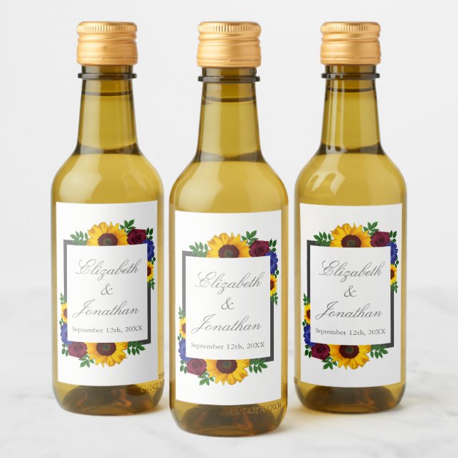 Sunflower Rose Floral Wedding Wine Label (Bottles)