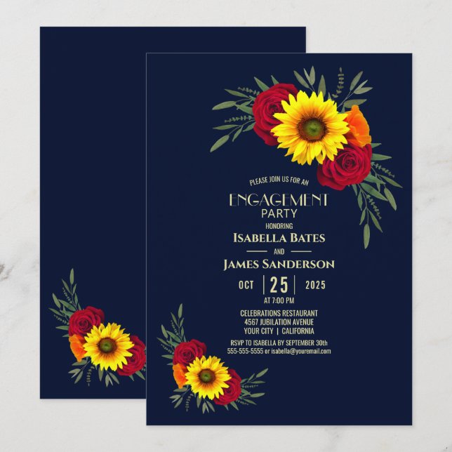 Sunflower Rose Navy Blue Engagement Party Invitation (Front/Back)