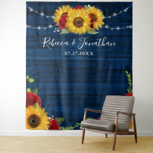 Sunflower Rose Navy Wood Rustic Wedding  Backdrop Tapestry
