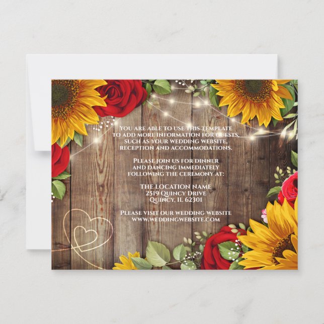 Sunflower & Rose Rustic Mariage Détails Carte (Devant)