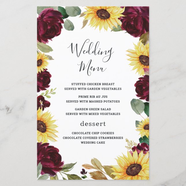 Sunflower Roses Bourgogne Rouge Mariage Cartes de  (Devant)