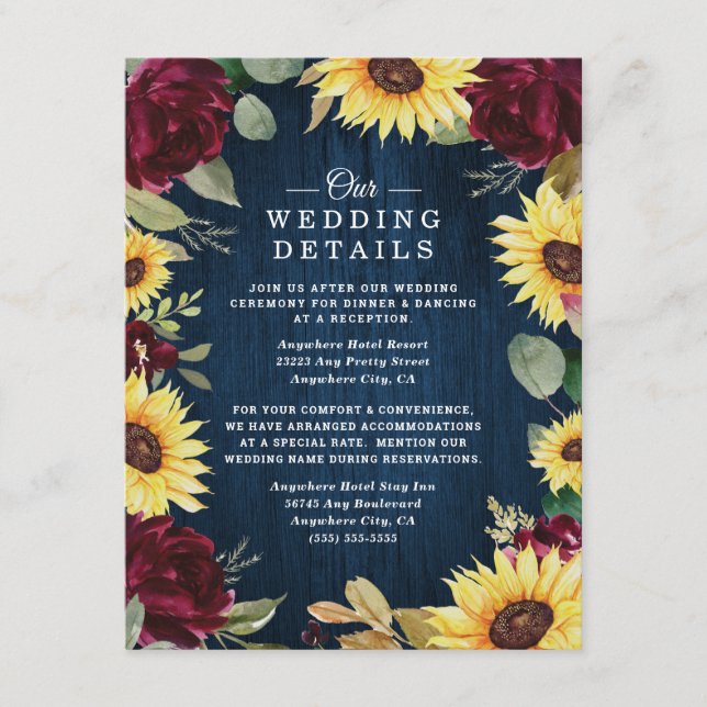 Sunflower Roses Burgundy Red and Navy Blue Wedding Enclosure Card (Front)