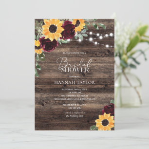 Sunflower Roses Burgundy Wood Bridal Shower Invitation