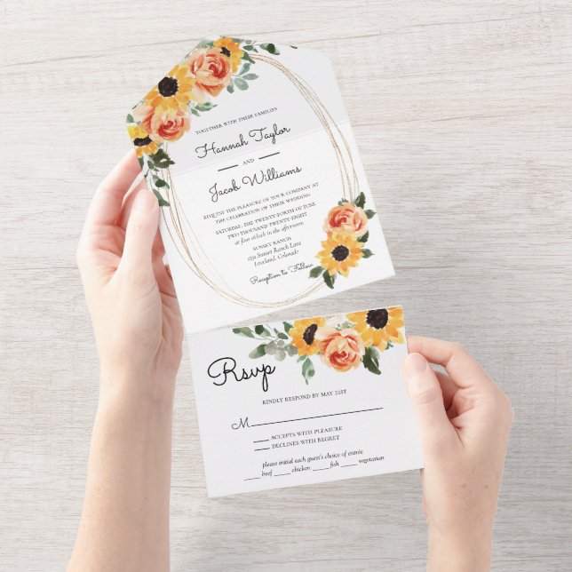 Sunflower Roses Fall Wedding  All In One Invitation (Tearaway)