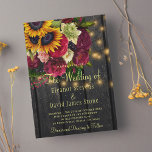 Sunflower roses rustic country barn wood wedding invitation<br><div class="desc">Rustic country wedding celebration and reception stylish invitation template on dark brown barn wood background featuring big yellow gold sunflowers and red burgundy roses bouquets, strings of twinkle lights, and a faux gold elegant typography script. Easy to personalize with your details! You can choose to customize it further changing fonts...</div>