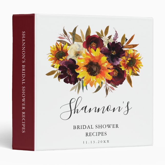 Sunflower Roses Rustic Fall Bridal Shower Recipes Binder (Front/Spine)