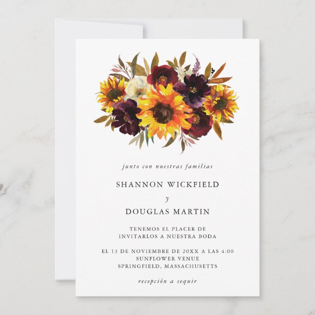 Sunflower Roses Rustic Fall Spanish Wedding Invitation (Front)