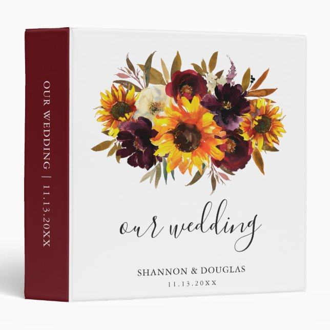 Sunflower Roses Rustic Fall Wedding Photo Album Binder (Front/Spine)