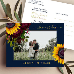 Sunflower roses rustic script save date wedding announcement postcard