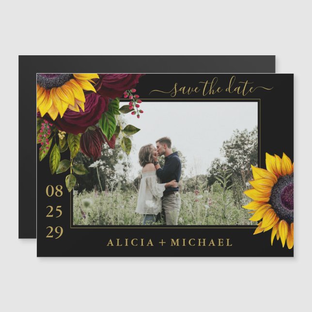 Sunflower roses rustic script save date wedding magnetic invitation (Front/Back)