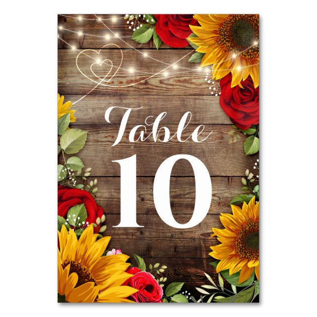 Sunflower & Roses Rustic Wedding Table Numbers (Front)