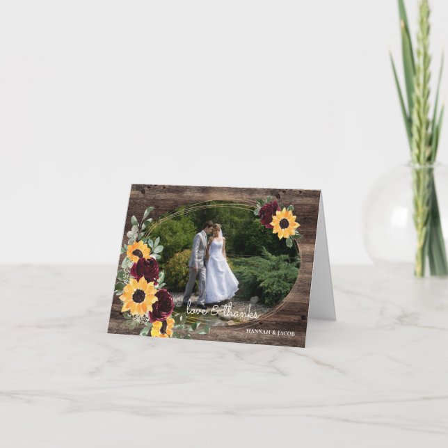 Sunflower Roses Rustic Wood Wedding Photo Thank You Card (Front)