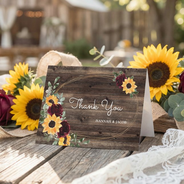 Sunflower Roses Rustic Wood Wedding Thank You Card (Creator Uploaded)