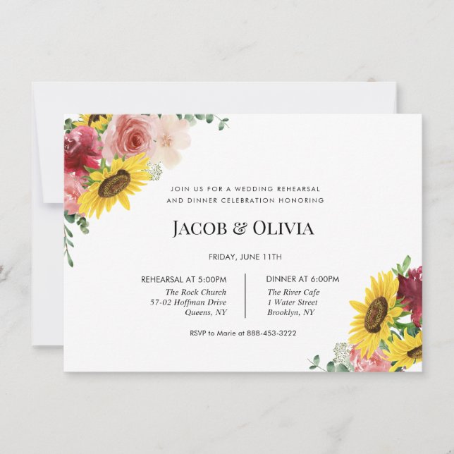 Sunflower Roses Wedding Rehearsal Dinner invite (Front)