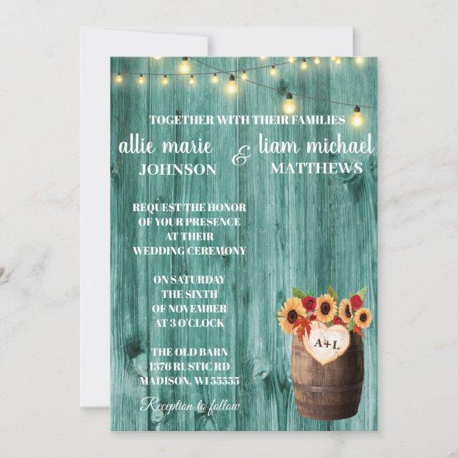 Sunflower & Roses Whiskey Barrel Wedding Invite (Front)