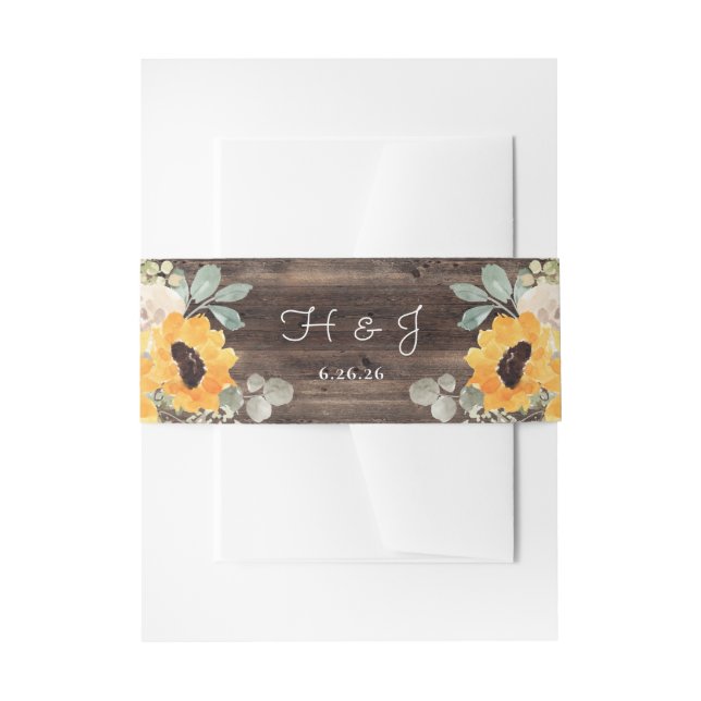 Sunflower Rustic Barn Wood Wedding Invitation Belly Band (Front Example)