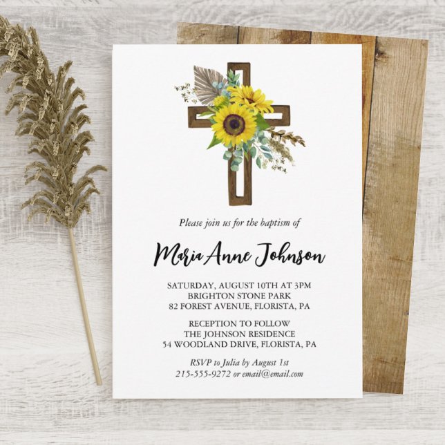 Sunflower Rustic Boho Wooden Cross Baptism Invitation (Creator Uploaded)